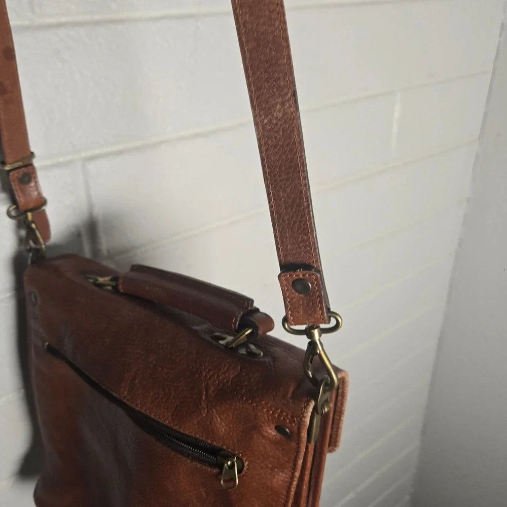 Vtg Overland Messenger Bag Brown Pebbled Leather Medium Crossbody Satchel Bag